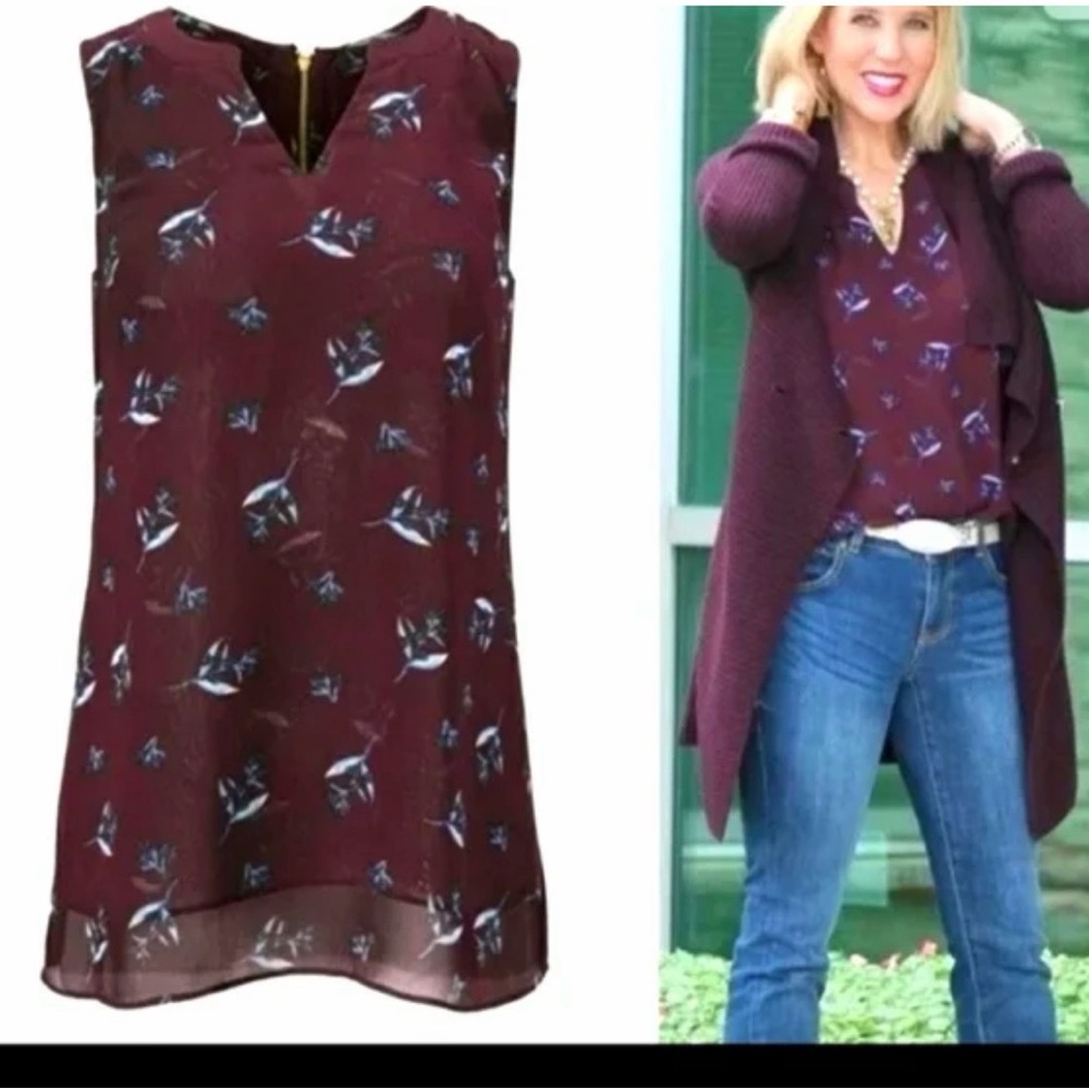 CAbi Burgundy Floral Sleeveless Blouse